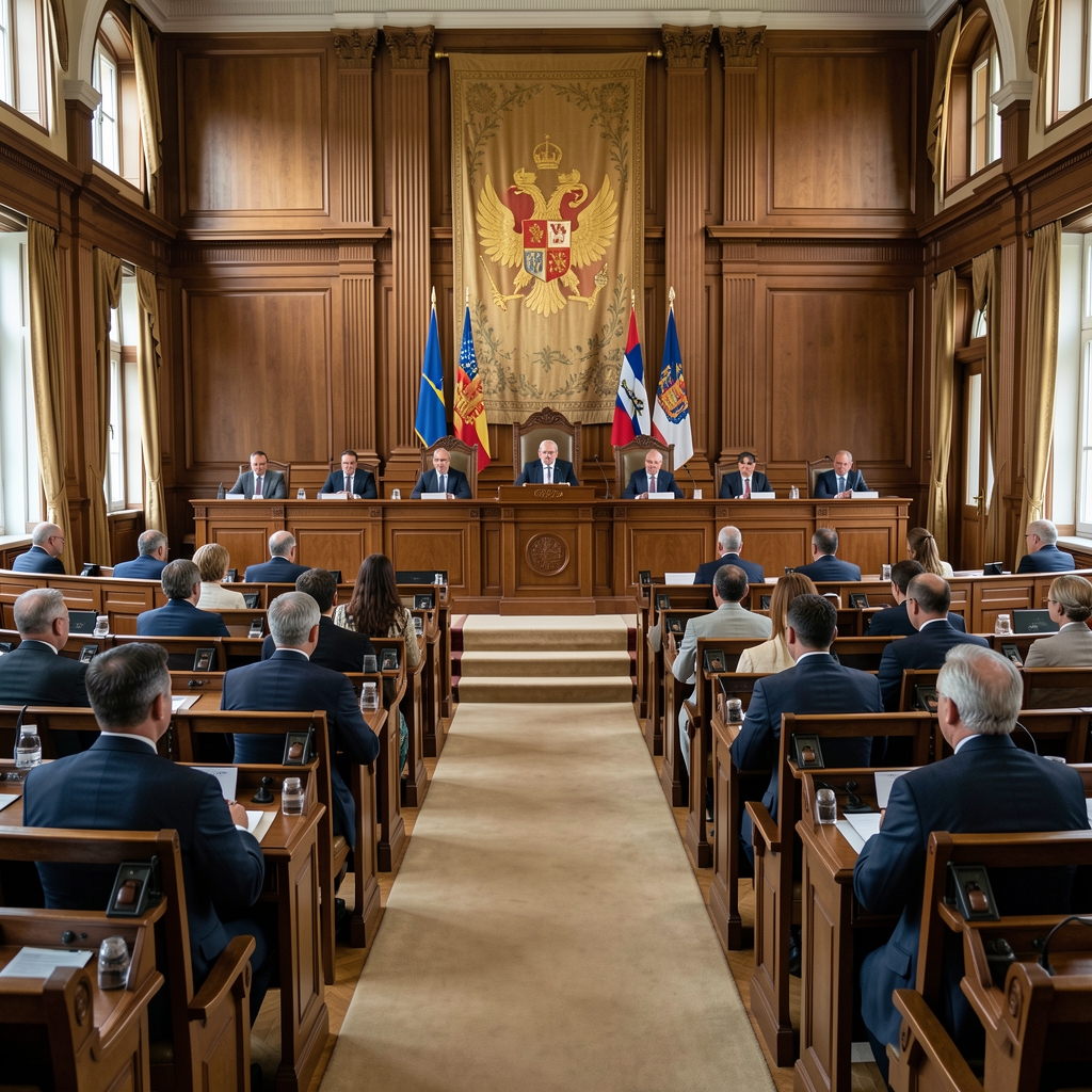 Сједница Скупштине Црне Горе, посланици у клупама великог парламентарног сала са државним грбом у позадини