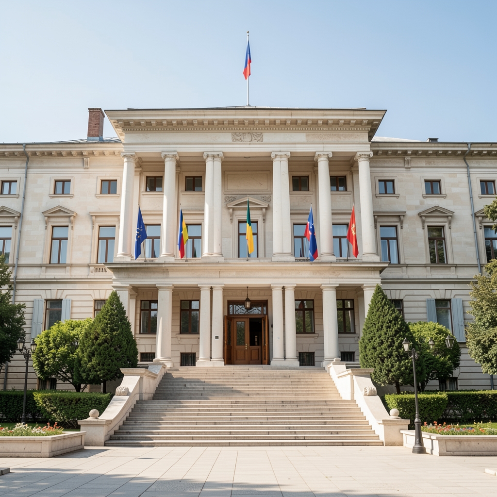 Зграда Скупштине Црне Горе у Подгорици, парламентарни објекат са националним заставама