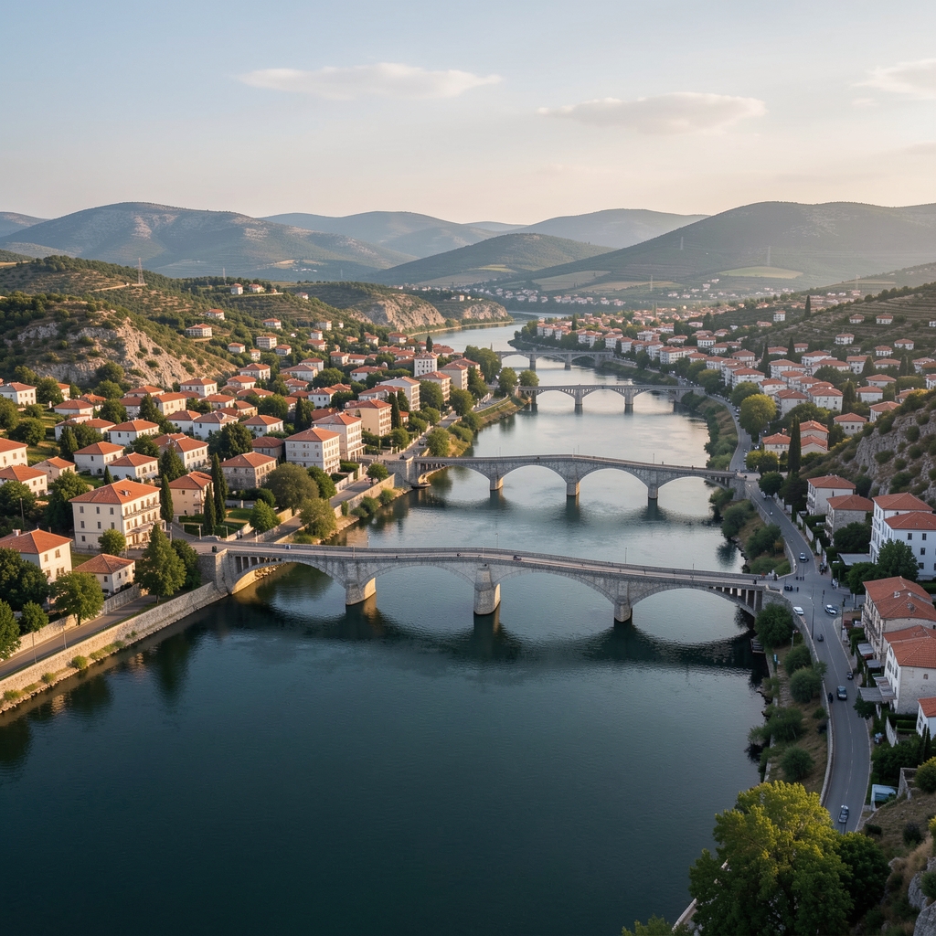 Поглед на Подгорицу, главни град Црне Горе, са панорамом ријеке Морача и градским мостовима у предвечерје